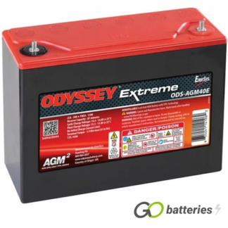 Odyssey ODS-AGM40E Extreme Battery, 12 volt 45 amps, 500 cold cranking amps and 1100 pulse hot cranking amps. Black case with a red lid and M6 SS threaded stud terminals, with the positive terminal on the right hand side with the terminals closest to you. Previous part number PC1100.