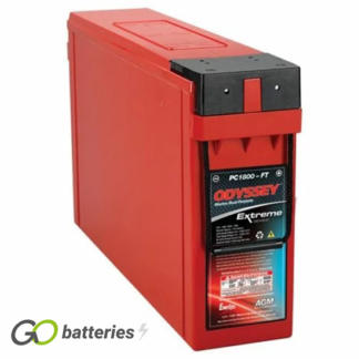 Odyssey ODS-AGM470FTT Extreme Battery, 12 volt 214 amps, 1300 cold cranking amps and 1800 pulse hot cranking amps. Red case with a red lid and 3/8 inch threaded front stud terminals. Previous part number PC1800.