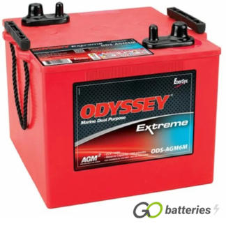 Odyssey ODS-AGM6M Extreme Battery, 12 volt 126 amps, 1225 cold cranking amps and 2250 pulse hot cranking amps. Red case with a red lid and dual terminals, SAE tin-plated brass automotive post terminals, and 3/8 inch threaded SS stud terminals which are located diagonally. Previous part number PC2250.