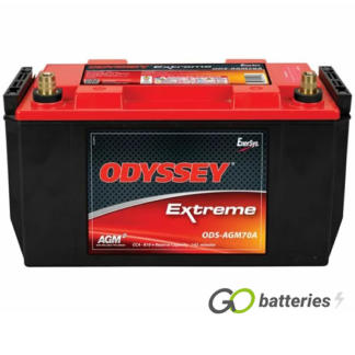 Odyssey ODS-AGM70A Extreme Battery, 12 volt 68 amps, 810 cold cranking amps and 1500 pulse hot cranking amps. Black case with a red lid and brass SAE automotive terminal posts, with the positive terminal on the right hand side with the terminals closest to you. Previous part number PC1700T.