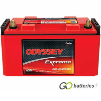 Odyssey ODS-AGM70MJA Extreme Battery, 12 volt 68 amps, 810 cold cranking amps and 1500 pulse hot cranking amps. Red metal case with a red lid and brass SAE automotive terminal posts, with the positive terminal on the right hand side with the terminals closest to you. Previous part number PC1700MJT.