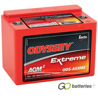 Odyssey ODS-AGM8E Extreme Battery, 12 volt 8 amps, 100 cold cranking amps and 310 pulse hot cranking amps. Red case with a red lid and internal threaded tin-plated brass terminals, SS M4 bolts with the positive terminal on the right hand side with the terminals closest to you. Previous part number PC310.