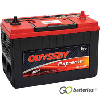 Odyssey ODX-AGM31R Extreme Battery, 12 volt 103 amps, 1150 cold cranking amps and 2150 pulse hot cranking amps. Black case with a red lid and SS 3/8 inch threaded stud terminals, which are centrally located with the positive terminal on the right hand side. Previous part number PC2150S.