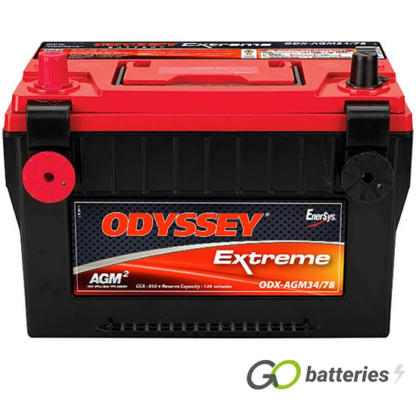 Odyssey ODX-AGM34 78 Extreme Battery, 12 volt 68 amps, 850 cold cranking amps and 1500 pulse hot cranking amps. Black case with a red lid and tin-plated brass SAE automotive top post terminals as well as American front 3/8 inch threaded terminals, with the positive terminal on the left hand side with the terminals closest to you. Previous part number PC1500DT.