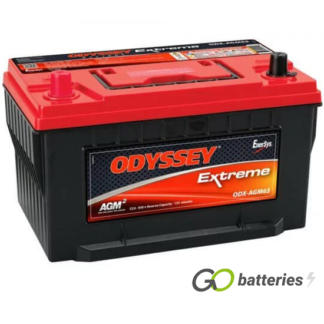 Odyssey ODX-AGM65 Extreme Battery, 12 volt 74 amps, 950 cold cranking amps and 1750 pulse hot cranking amps. Black case with a red lid and tin-plated brass SAE automotive post terminals, with the positive terminal on the left hand side with the terminals closest to you. Previous part number PC1750T.