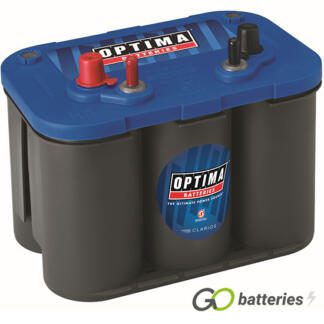 Optima BT Slim4.2 Blue Top AGM Marine Battery. 12 volt 50 amp 815 cold cranking amps, with dark grey case and blue top and has dual terminals with the positive terminal on the left hand side with the terminals closest to you.