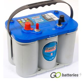 Optima BT DCM4.2 Blue Top AGM Marine Battery. 12 volt 55 amp 765 cold cranking amps, with light grey case and blue top and has dual terminals with the positive terminal on the left hand side with the terminals closest to you.