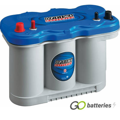 Optima BT DCM5.0 Blue Top AGM Marine Battery. 12 volt 66 amp 845 cold cranking amps, with light grey case and blue top and has dual terminals with the positive terminal on the left hand side with the terminals closest to you.