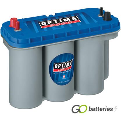 Optima BT DCM5.5 Blue Top AGM Marine Battery. 12 volt 75 amp 975 cold cranking amps, with light grey case and blue top and has dual terminals that are diagonal to each other.