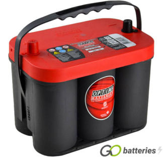 Optima RTC4.2 Red Top AGM Starting Battery. 12 volt 50 amp, 815 cold cranking amps. SPIRACELL Technology, grey case with a red top and centrally located terminals.