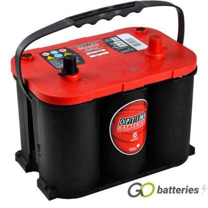 Optima RTR4.2 Red Top Starting Battery. 12 volt 50 amp 815 cold cranking amps. Grey battery with a red top and the positive terminal on the right hand side with the terminals closest to you.