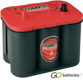 Optima RTS4.2 Red Top AGM Starting Battery. 12 volt 50 amp, 815 cold cranking amps. SPIRACELL Technology, grey case with a red top and positive terminal on the left hand side with the terminals closest to you.