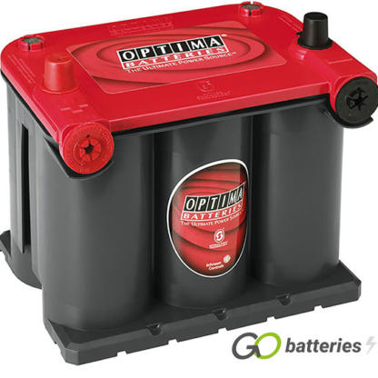 Optima RTU3.7 Red Top AGM Starting Battery. 12 volt 44 amp, 730 cold cranking amps. SPIRACELL Technology, grey case with a red top and has American style front threaded terminals as well as standard automotive terminals on top, with the positive terminal on the left hand side with the terminals closest to you.