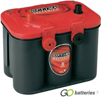 Optima RTU4.2 Red Top AGM Starting Battery. 12 volt 50 amp, 815 cold cranking amps. SPIRACELL Technology, grey case with a red top and has American style front threaded terminals as well as standard automotive terminals on top, with the positive terminal on the left hand side with the terminals closest to you.