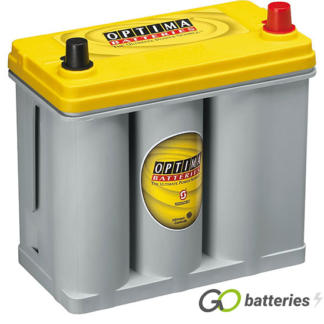 Optima YTR2.7 Yellow Top AGM Dual Purpose Battery. 12 volt 38 amp, 460 cold cranking amps. SPIRACELL Technology, grey case with a yellow top and positive terminal on the right hand side with the terminals closest to you