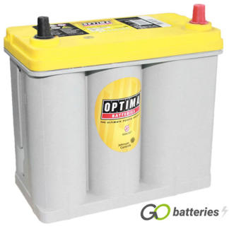 Optima YTR2.7J Yellow Top AGM Dual Purpose Battery. 12 volt 38 amp, 460 cold cranking amps. SPIRACELL Technology, grey case with a yellow top and thin Japanese type terminals, the positive terminal on the right hand side with the terminals closest to you.