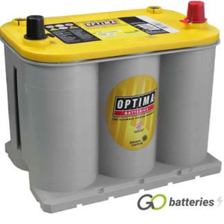 Optima YTR3.7 Yellow Top AGM Dual Purpose Battery. 12 volt 48 amp, 660 cold cranking amps. SPIRACELL Technology, grey case with a yellow top and the positive terminal on the right hand side with the terminals closest to you.