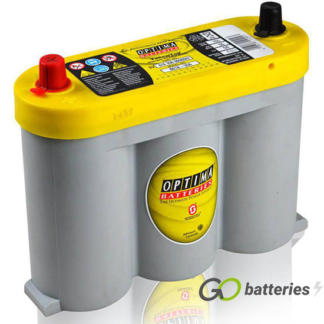 Optima YTS2.1 Yellow Top AGM Dual Purpose Battery. 6 volt 55 amp, 765 cold cranking amps. SPIRACELL Technology, grey case with a yellow top and centrally located terminals.
