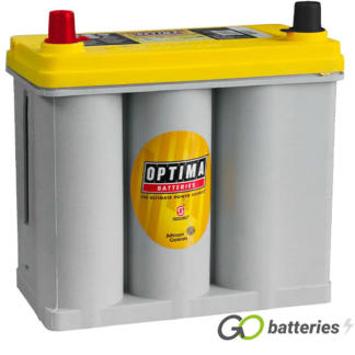 Optima YTS2.7 Yellow Top AGM Dual Purpose Battery. 12 volt 38 amp, 460 cold cranking amps. SPIRACELL Technology, grey case with a yellow top and positive terminal on the left hand side with the terminals closest to you.