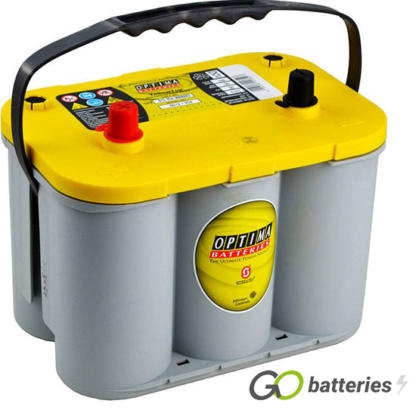 Optima YTS4.2 Yellow Top AGM Dual Purpose Battery. 12 volt 55 amp, 765 cold cranking amps. SPIRACELL Technology, grey case with a yellow top and carrying handle, the positive terminal is on the left hand side with the terminals closest to you.