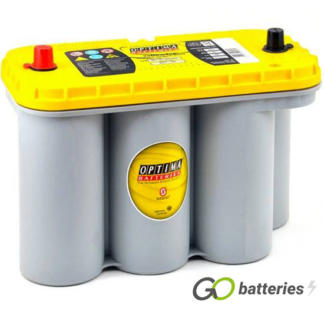 Optima YTS5.5 Yellow Top AGM Dual Purpose Battery. 12 volt 75 amp, 975 cold cranking amps. SPIRACELL Technology, grey case with a yellow top and centrally located terminals.