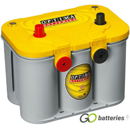 Optima YTU4.2 Yellow Top AGM Dual Purpose Battery. 12 volt 55 amp, 765 cold cranking amps. SPIRACELL Technology, grey case with a yellow top and has American style front threaded terminals as well as standard automotive terminals on top, with the positive terminal on the left hand side with the terminals closest to you.
