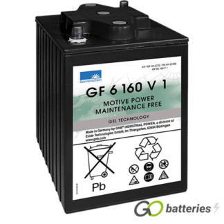 Sonnenschein GF06160V1 Gel Battery, 6 volt 195 amps. Dark Grey case with automotive post terminals diagonally laid out.