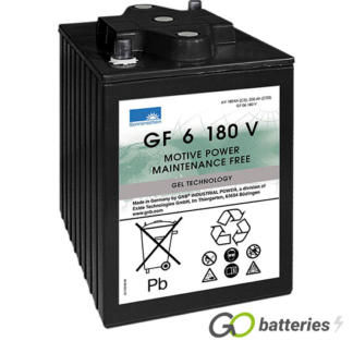 Sonnenschein GF06180V1 Gel Battery, 6 volt 200 amps. Dark Grey case with automotive post terminals diagonally laid out.