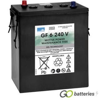 Sonnenschein GF06240V Gel Battery, 6 volt 270 amps. Dark Grey case with automotive post terminals diagonally laid out.