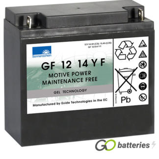Sonnenschein GF12014YF Gel Battery, 12 volt 15 amps. Dark Grey case with upright bolt through terminls with the positive terminal on the right hand side with the terminals closest to you.