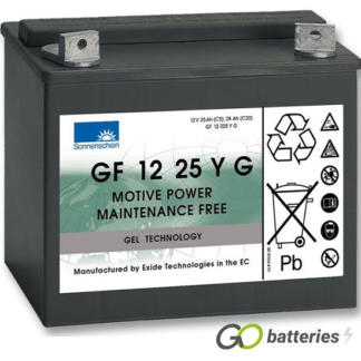 Sonnenschein GF12025YG Gel Battery, 12 volt 28 amps. Dark Grey case with upright bolt through terminls with the positive terminal on the left hand side with the terminals closest to you.