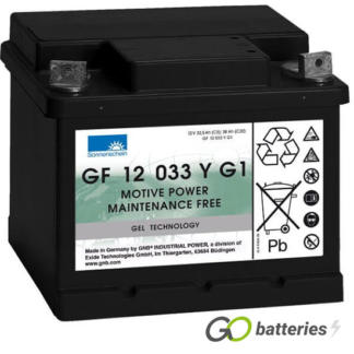 Sonnenschein GF12033YG1 Gel Battery, 12 volt 38 amps. Dark Grey case with upright bolt through terminls with the positive terminal on the right hand side with the terminals closest to you.