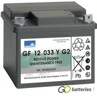 Sonnenschein GF12033YG2 Gel Battery, 12 volt 38 amps. Dark Grey case with upright bolt through terminls with the positive terminal on the right hand side with the terminals closest to you.