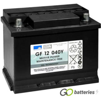Sonnenschein GF12040Y Gel Battery, 12 volt 48 amps. Dark Grey case with automotive post terminls with the positive terminal on the right hand side with the terminals closest to you.