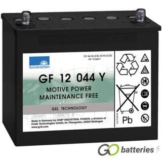 Sonnenschein GF12044Y Gel Battery, 12 volt 50 amps. Dark Grey case with automotive post terminls with the positive terminal on the right hand side with the terminals closest to you.