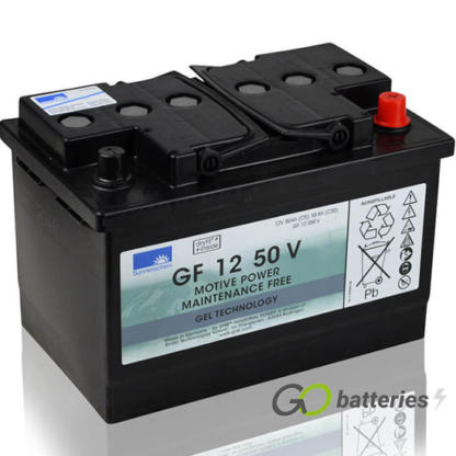 Sonnenschein GF12050V Gel Battery, 12 volt 55 amps. Dark Grey case with automotive post terminls with the positive terminal on the right hand side with the terminals closest to you.