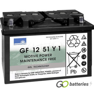 Sonnenschein GF12051Y1 Gel Battery, 12 volt 56 amps. Dark Grey case with automotive post terminls with the positive terminal on the right hand side with the terminals closest to you.