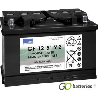 Sonnenschein GF12051Y2 Gel Battery, 12 volt 56 amps. Dark Grey case with automotive post terminls with the positive terminal on the right hand side with the terminals closest to you, with hold down.