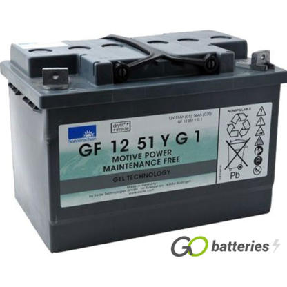 Sonnenschein GF12051YG1 Gel Battery, 12 volt 56 amps. Dark Grey case with upright bolt through terminls with the positive terminal on the right hand side with the terminals closest to you.