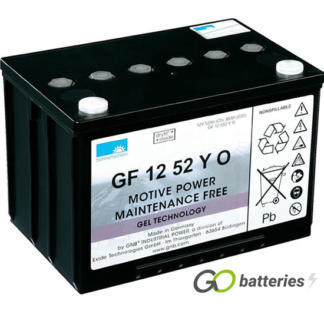 Sonnenschein GF12052YO Gel Battery, 12 volt 60 amps. Dark Grey case with an internal thread terminls for bolt, with the positive terminal on the right hand side with the terminals closest to you.