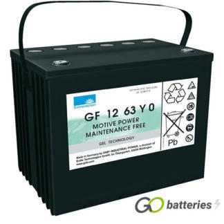 Sonnenschein GF12063YO Gel Battery, 12 volt 70 amps. Dark Grey case with internal threaded terminls for a bolt with the positive terminal on the left hand side with the terminals closest to you.