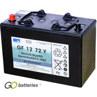 Sonnenschein GF12072Y Gel Battery, 12 volt 80 amps. Dark Grey case with automotive post terminls with the positive terminal on the left hand side with the terminals closest to you.