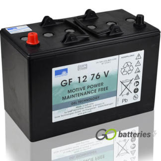 Sonnenschein GF12076V Gel Battery, 12 volt 79 amps. Dark Grey case with automotive post terminls with the positive terminal on the left hand side with the terminals closest to you.