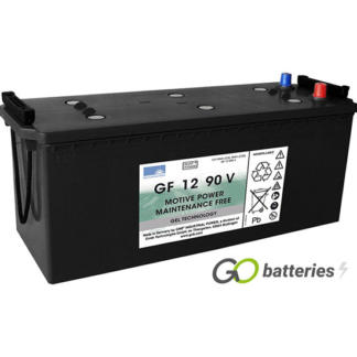 Sonnenschein GF12090V Gel Battery, 12 volt 98 amps. Dark Grey case with terminals at one end and with the positive terminal on the left hand side with them closest to you.