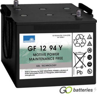 Sonnenschein GF12094Y Gel Battery, 12 volt 110 amps. Dark Grey case with automotive post terminls diagonally laid out.
