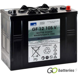 Sonnenschein GF12105V Gel Battery, 12 volt 120 amps. Dark Grey case with automotive post with the positive terminal on the right hand side with the terminals closest to you.