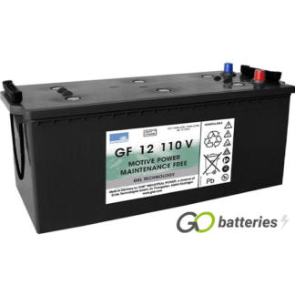 Sonnenschein GF12110V Gel Battery, 12 volt 120 amps. Dark Grey case with terminals at one end and with the positive terminal on the left hand side with them closest to you.