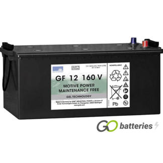 Sonnenschein GF12160V Gel Battery, 12 volt 196 amps. Dark Grey case with terminals at one end and with the positive terminal on the left hand side with them closest to you.