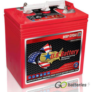 US125 XC2 Deep Cycle Battery, 6 volt 242 amp. Red case with a white removable cap cover and eyelets for a carrying (not included). Threaded terminals are diagonal to each other.