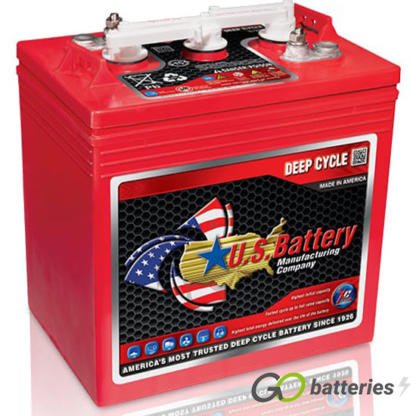 US145 XC2 Deep Cycle Battery, 6 volt 251 amp. Red case with a white removable cap cover and eyelets for a carrying (not included). Threaded terminals are diagonal to each other.
